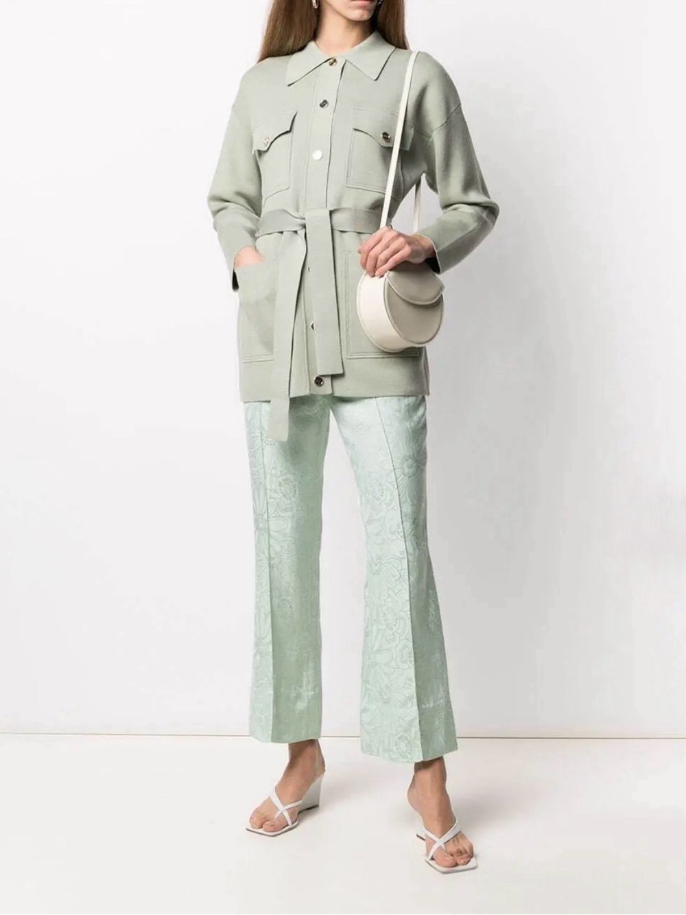 SANDRO PARIS Amelie Tie-Waist Cardi-Coat Size 3 L US 8 Light Khaki Green - Picture 4 of 10